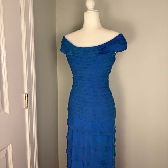 Blue Tadashi Collection off the shoulder formal gown dress ruffles tiered - US 2 - Picture 2 of 8
